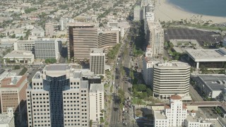 4.8K aerial stock footage of Ocean Boulevard lined with office buildings by Westin Long Beach in Downtown Long Beach, California Aerial Stock Footage | AX68_057