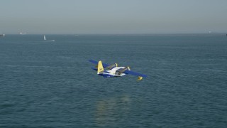 4.8K aerial stock footage track seaplane flying over San Pedro Bay in Long Beach, California Aerial Stock Footage | AX68_078