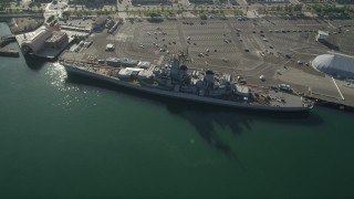 AX68_159 - 4.8K aerial stock footage of USS Iowa Battleship docked at the Port of Los Angeles, California