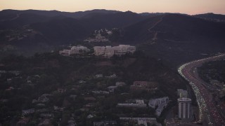 4.8K aerial stock footage of J. Paul Getty Museum at twilight, Brentwood, California Aerial Stock Footage | AX69_053