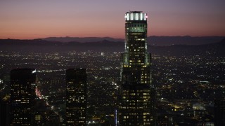 4.8K aerial stock footage of US Bank Tower in Downtown Los Angeles, California at night Aerial Stock Footage | AX69_108