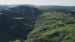 4K aerial stock footage Approach green hills with trees in Paicines, California Aerial Stock Footage | AX70_160