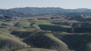 4K aerial stock footage Passing green hills with trees in San Benito County, California Aerial Stock Footage | AX70_168