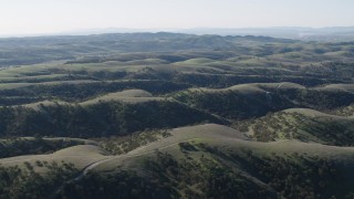 4K aerial stock footage Green hills with trees and dirt roads in San Benito County, California Aerial Stock Footage | AX70_177