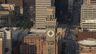 5.1K aerial stock footage tilting from Emerson Tower in to reveal Transamerica Tower in Downtown Baltimore, Maryland Aerial Stock Footage | AX73_117