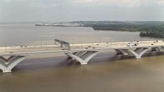 AX74_029 - 4.8K aerial stock footage of Woodrow Wilson Memorial Bridge Spanning the Potomac River