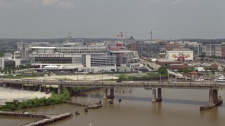 AX74_037 - 4.8K aerial stock footage of Nationals Park seen from the river in Washington DC