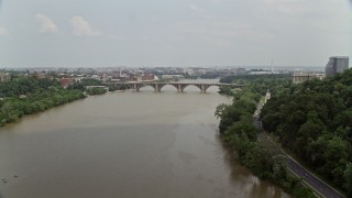 4.8K aerial stock footage of Francis Scott Key Bridge spanning the Potomac River in Washington DC Aerial Stock Footage | AX74_103