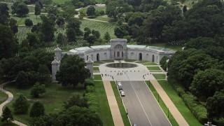 AX74_110 - 4.8K aerial stock footage of the Women in Military Service for America Memorial at Arlington National Cemetery in Washington DC