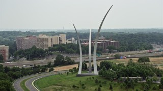 4.8K aerial stock footage flying by the United States Air Force Memorial at Arlington National Cemetery, Washington DC Aerial Stock Footage | AX74_116