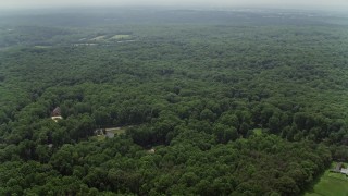 AX74_143E - 4.8K aerial stock footage flying over power lines through green forest near upscale homes in Fairfax Station, Virginia