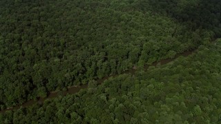 4.8K aerial stock footage tilting to reveal the Bull Run River through forest in Clifton, Virginia Aerial Stock Footage | AX75_007