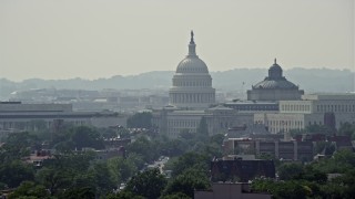 AX75_059E - 4.8K aerial stock footage of the United States Capitol Dome between the James Madison and Thomas Jefferson Buildings in Washington DC