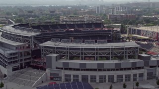 AX75_071E - 4.8K aerial stock footage approaching Nationals Park Baseball Stadium in Washington DC