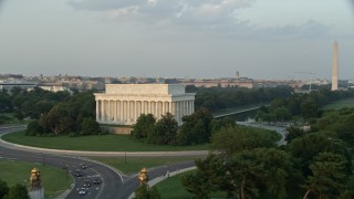 4.8K aerial stock footage Lincoln Memorial, Reflecting Pool, Washington Monument, National Mall, Washington D.C., sunset Aerial Stock Footage | AX76_051