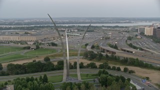 4.8K aerial stock footage of United States Air Force Memorial, Arlington National Cemetery, Arlington, Virginia, twilight Aerial Stock Footage | AX76_121E