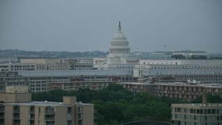 4.8K aerial stock footage of office buildings and the United States Capitol, Washington, D.C., twilight Aerial Stock Footage | AX76_135E