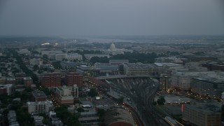 4.8K aerial stock footage of United States Capitol with Potomac River in the background, Washington, D.C., twilight Aerial Stock Footage | AX76_163