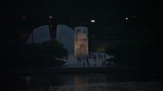 4.8K aerial stock footage of Martin Luther King Jr. National Memorial lit up for the night, Washington, D.C., twilight  Aerial Stock Footage | AX76_185