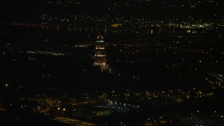 4.8K aerial stock footage of the George Washington Masonic National Memorial, Alexandria, Virginia, night Aerial Stock Footage | AX77_007