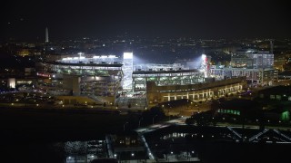 AX77_025 - 4.8K aerial stock footage of Nationals Park during a baseball game in Washington, D.C., night