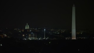 AX77_053 - 4.8K aerial stock footage of the United States Capitol Building and the Washington Monument, Washington, D.C., night