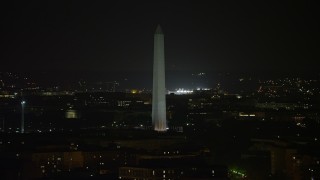 4.8K aerial stock footage of Washington Monument circled by American flags, Washington, D.C., night Aerial Stock Footage | AX77_060E