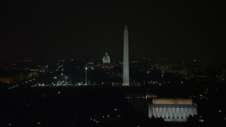 AX77_070 - 4.8K aerial stock footage of the Capitol Building and Washington Monument seen from Lincoln Memorial in Washington, D.C., night