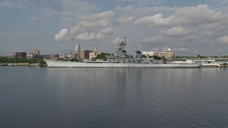 AX79_001 - 4.8K aerial stock footage of USS New Jersey by the Balzano Marine Terminal in Camden, New Jersey