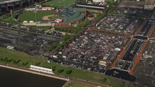 4.8K aerial stock footage of tailgating at parking lot by Campbell's Field, Camden, New Jersey Aerial Stock Footage | AX79_003