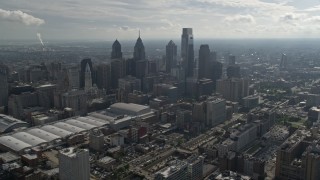 4.8K aerial stock footage of Pennsylvania Convention Center and skyscrapers, Downtown Philadelphia, Pennsylvania Aerial Stock Footage | AX79_008E