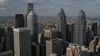 4.8K aerial stock footage flying by Downtown Philadelphia's tallest towers, Pennsylvania Aerial Stock Footage | AX79_020