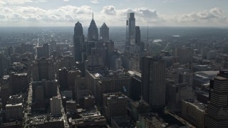 4.8K aerial stock footage of tall towers and city buildings in Downtown Philadelphia, Pennsylvania Aerial Stock Footage | AX79_022