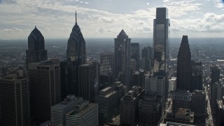 4.8K aerial stock footage approaching City Hall and tall Downtown Philadelphia skyscrapers, Pennsylvania Aerial Stock Footage | AX79_025E