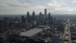 4.8K aerial stock footage approaching skyscrapers and Pennsylvania Convention Center in Downtown Philadelphia, Pennsylvania Aerial Stock Footage | AX79_035E