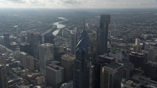 4.8K aerial stock footage flying over One and Two Liberty Place in Downtown Philadelphia, Pennsylvania Aerial Stock Footage | AX79_049