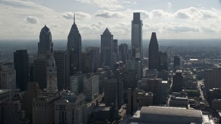 4.8K aerial stock footage approaching tall towers in Downtown Philadelphia, Pennsylvania Aerial Stock Footage | AX79_058