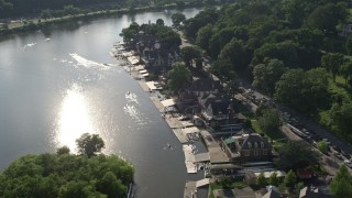 4.8K aerial stock footage of Boathouse Row beside the Schuylkill River, Philadelphia, Pennsylvania Aerial Stock Footage | AX79_062