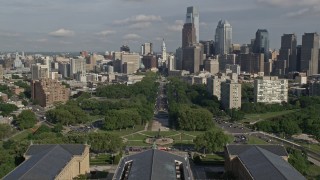 AX79_068E - 4.8K aerial stock footage flying over Philadelphia Museum of Art to approach City Hall, Downtown Philadelphia, Pennsylvania