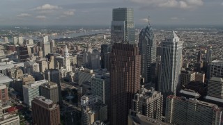 4.8K aerial stock footage of Philadelphia City Hall and tall Downtown Philadelphia towers, Pennsylvania Aerial Stock Footage | AX79_070E