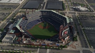 4.8K aerial stock footage tilting from I-76 to reveal Citizens Bank Park and parking lot, Philadelphia, Pennsylvania Aerial Stock Footage | AX79_077E