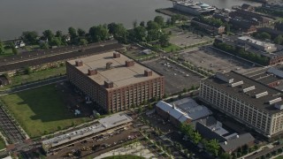 4.8K aerial stock footage of a factory building at The Navy Yard in Philadelphia, Pennsylvania Aerial Stock Footage | AX79_081