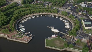 4.8K aerial stock footage of boats docked at Wiggins Marina, Camden, New Jersey Aerial Stock Footage | AX79_090