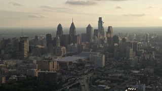 4.8K aerial stock footage of the Downtown Philadelphia skyline and Pennsylvania Convention Center, Pennsylvania, Sunset Aerial Stock Footage | AX80_005