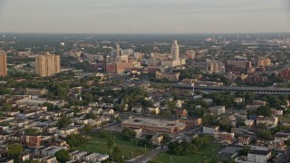 4.8K aerial stock footage of Camden County City Hall and US District Court, New Jersey, Sunset Aerial Stock Footage | AX80_074