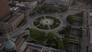 4.8K aerial stock footage approaching Logan Square in Downtown Philadelphia, Pennsylvania, Sunset Aerial Stock Footage | AX80_119