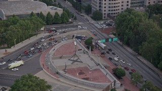 4.8K aerial stock footage of the Bolt of Lightning sculpture, Franklin Square, Philadelphia, Pennsylvania, Sunset Aerial Stock Footage | AX80_141