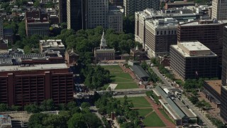 4.8K aerial stock footage of Independence Hall at the end of Independence Mall in Philadelphia, Pennsylvania Aerial Stock Footage | AX82_007