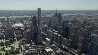 4.8K aerial stock footage flying by Downtown Philadelphia high-rises and skyscrapers, Pennsylvania Aerial Stock Footage | AX82_011