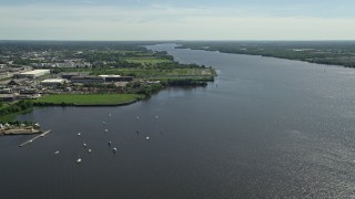 4.8K aerial stock footage of boats in the Delaware River, Philadelphia, Pennsylvania Aerial Stock Footage | AX82_034